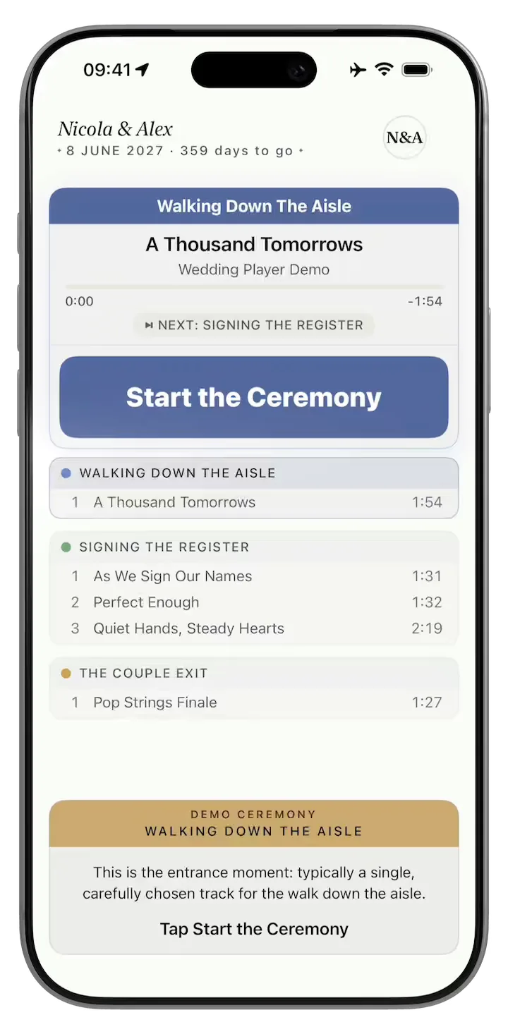 Wedding Player demo: a guided ceremony walkthrough