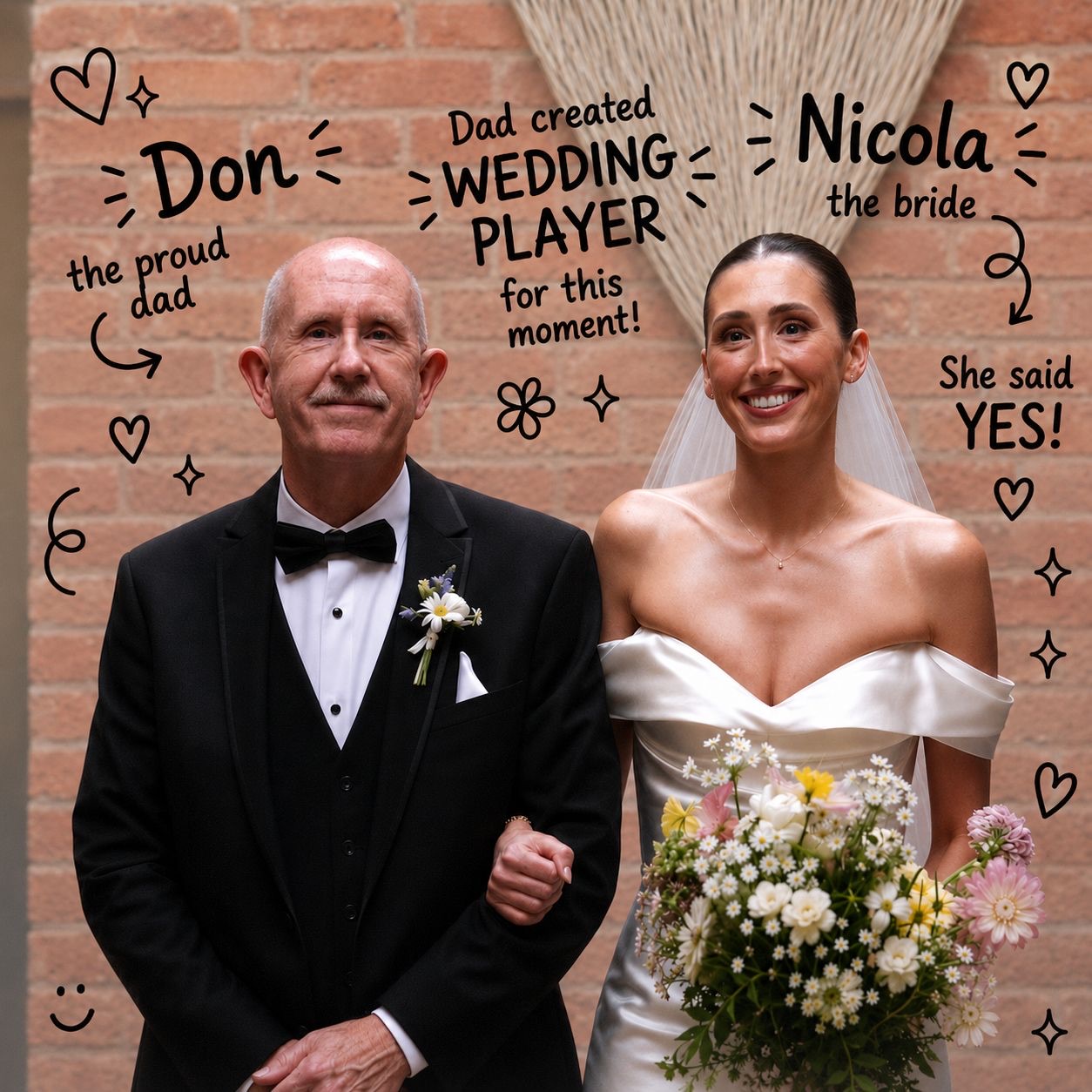 Don walking his daughter Nicola down the aisle on her wedding day, with playful hand-drawn notes added