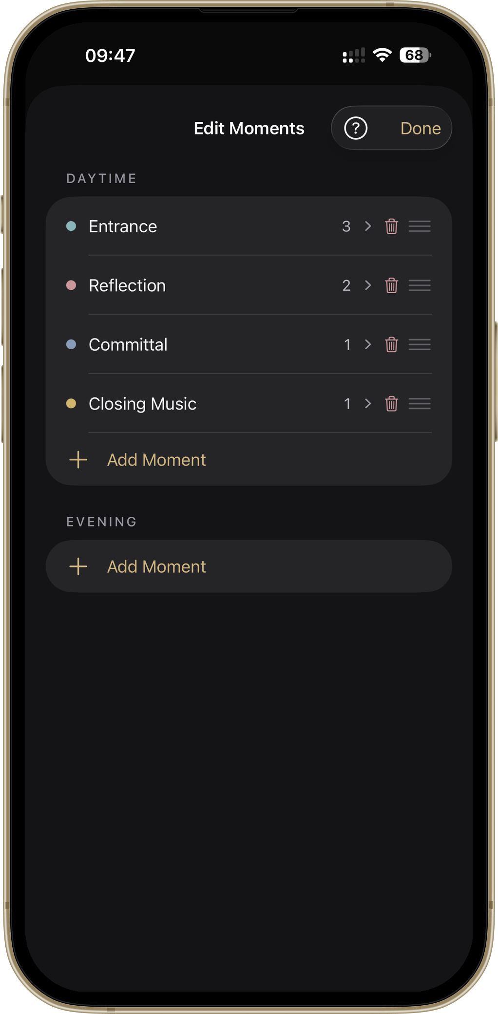 Editing moments in Wedding Player renamed for an order of service: Entrance, Reflection, Committal, Closing Music