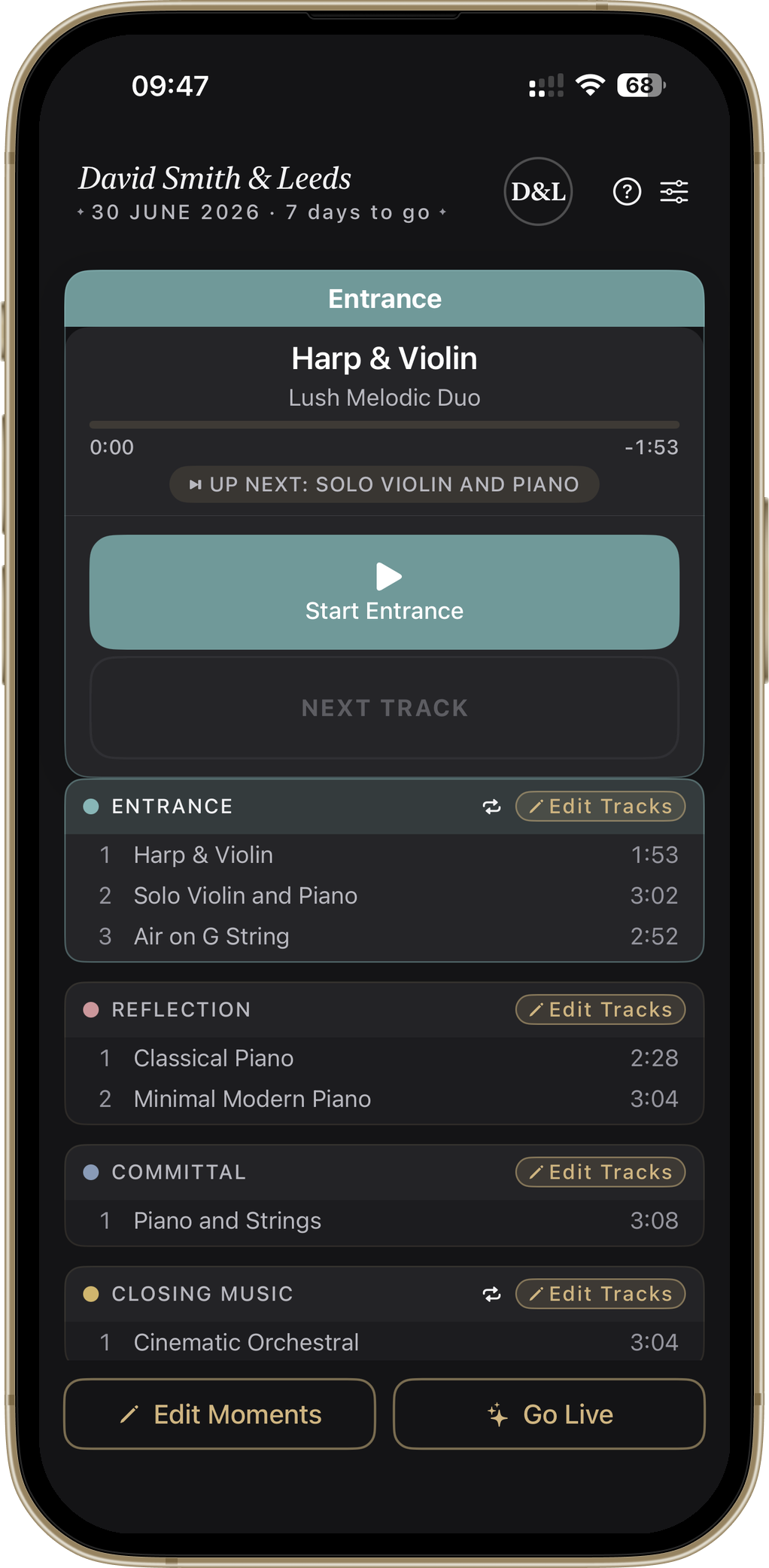 Wedding Player main player in dark mode showing a funeral order of service