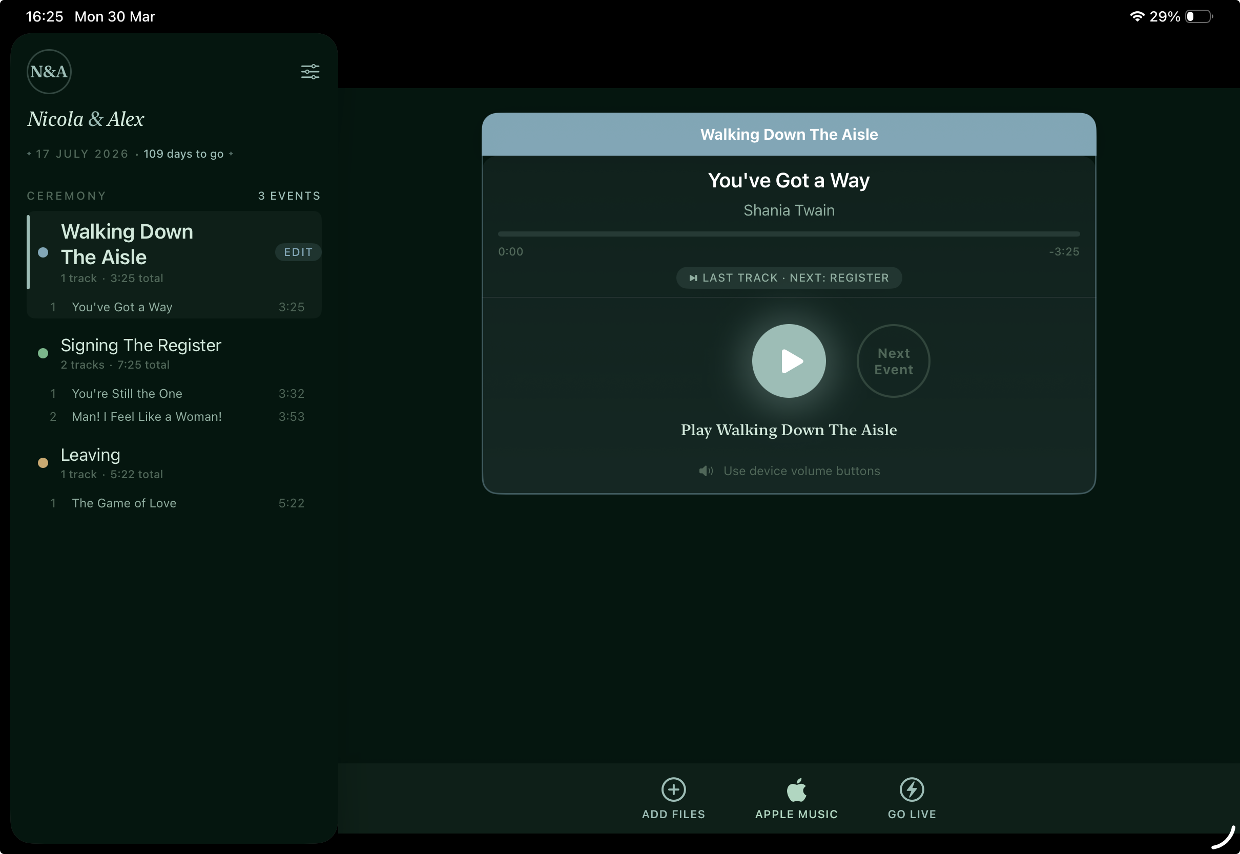 WeddingPlayer on iPad with split-view sidebar
