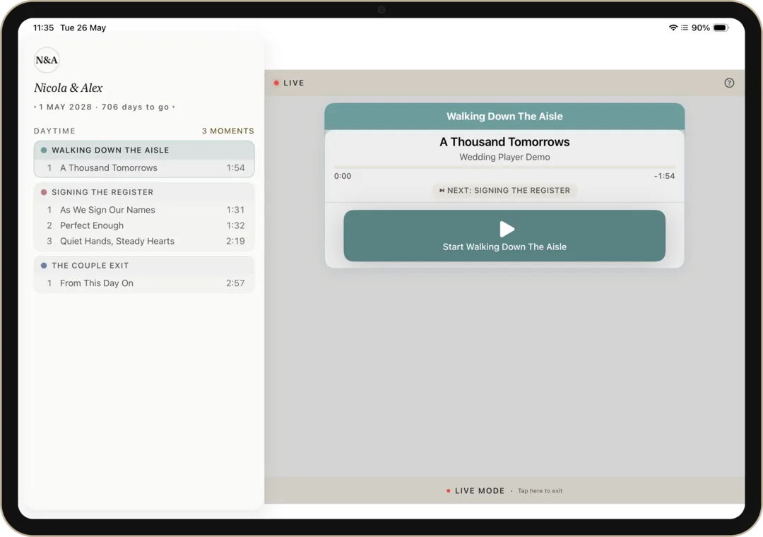 Wedding Player on iPad showing the split-view sidebar with the ceremony timeline