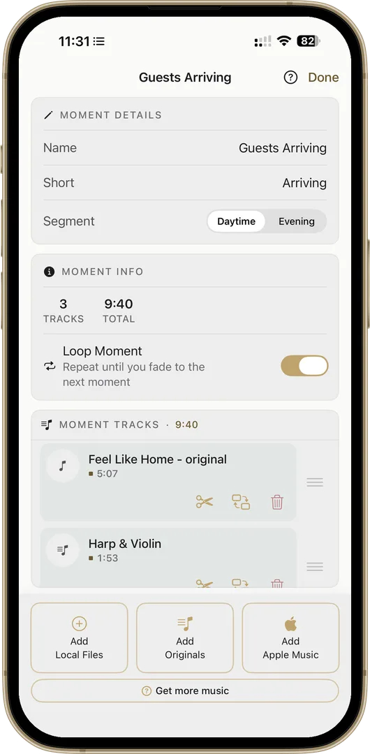 A moment's screen in Wedding Player, with the Add Local Files, Add Originals and Add Apple Music buttons along the bottom