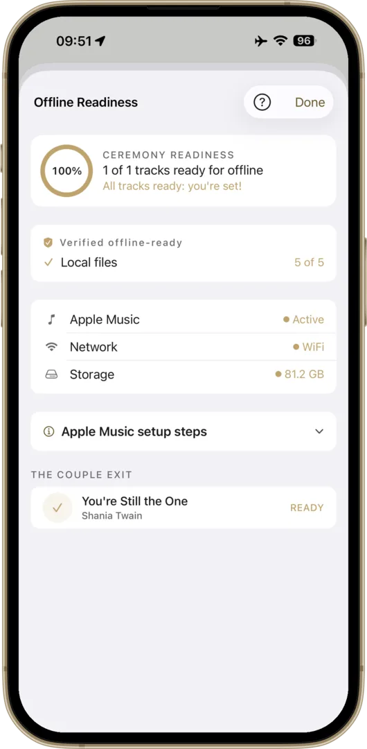 Offline Readiness check verifying all tracks are stored on device