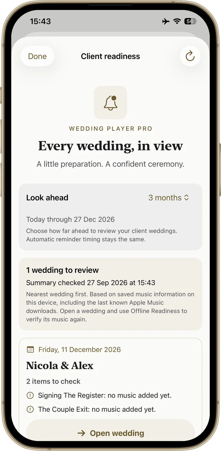 Wedding Player Pro client readiness summary: a look-ahead range, one wedding to review, and a card listing the moments that still have no music with an Open wedding button