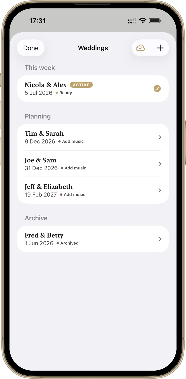 Wedding Player's Weddings list: one active wedding this week, three in Planning and one in the Archive