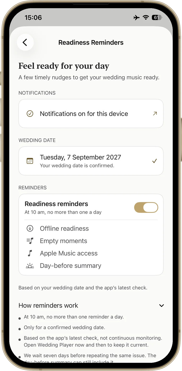 Readiness Reminders settings in Wedding Player: a confirmed wedding date, and the Readiness reminders switch covering Offline readiness, Empty moments, Apple Music access and Day-before summary